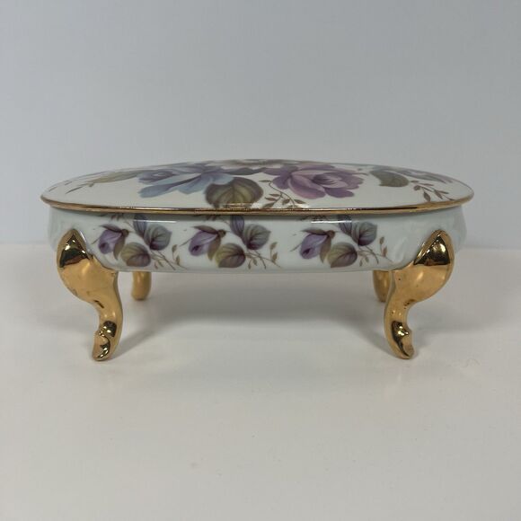 Porcelain Trinket Box With Gold Gilded Feet Oval Shaped With Hand Painted Roses - Picture 1 of 16